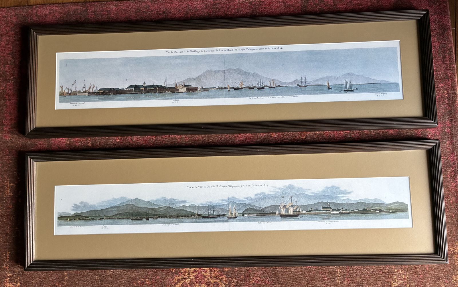 Pair Of Framed Panoramic 1824 Manila Harbour Coloured Prints. Maritime Scenes