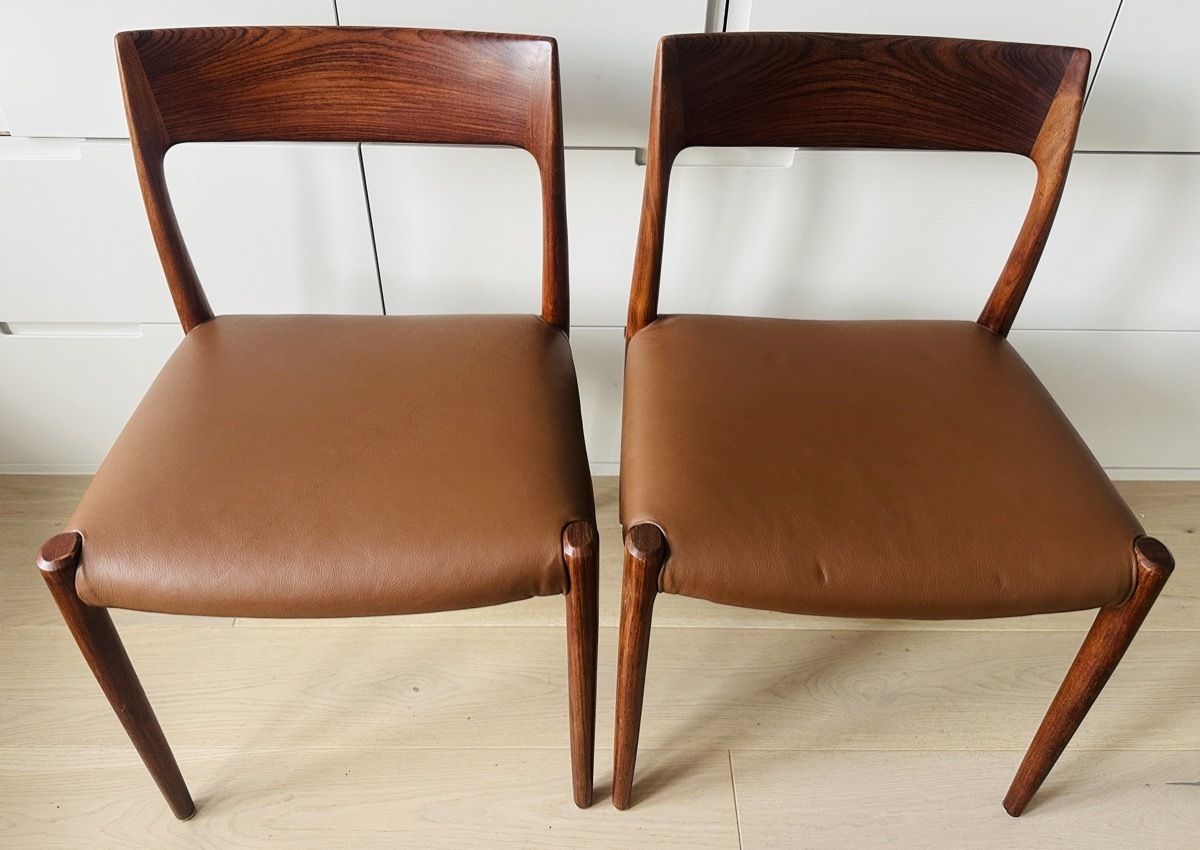 Pair Of Mid Century 1960s Danish Rosewood & Brown Leather Niels Møller For J.L. Møllers Møbelfabrik Model 77 Dining Chairs photo 1950.0