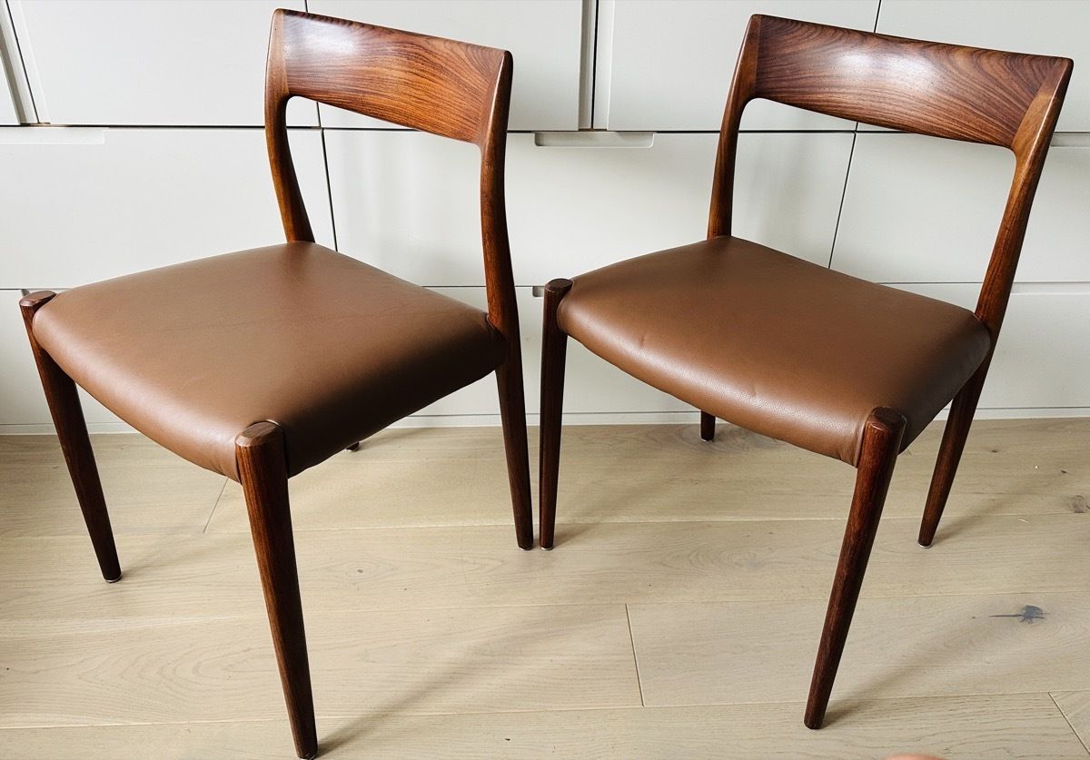 Pair Of Mid Century 1960s Danish Rosewood & Brown Leather Niels Møller For J.L. Møllers Møbelfabrik Model 77 Dining Chairs photo vinterior