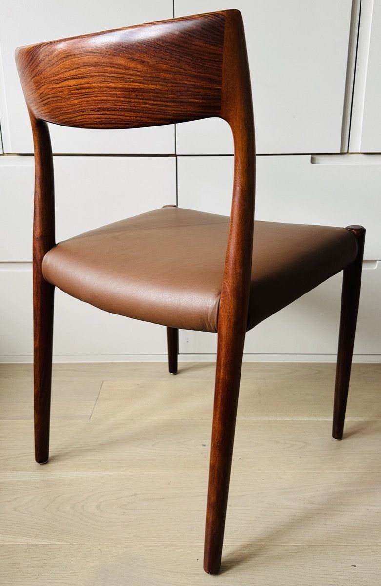 photo buy Pair Of Mid Century 1960s Danish Rosewood & Brown Leather Niels Møller For J.L. Møllers Møbelfabrik Model 77 Dining Chairs