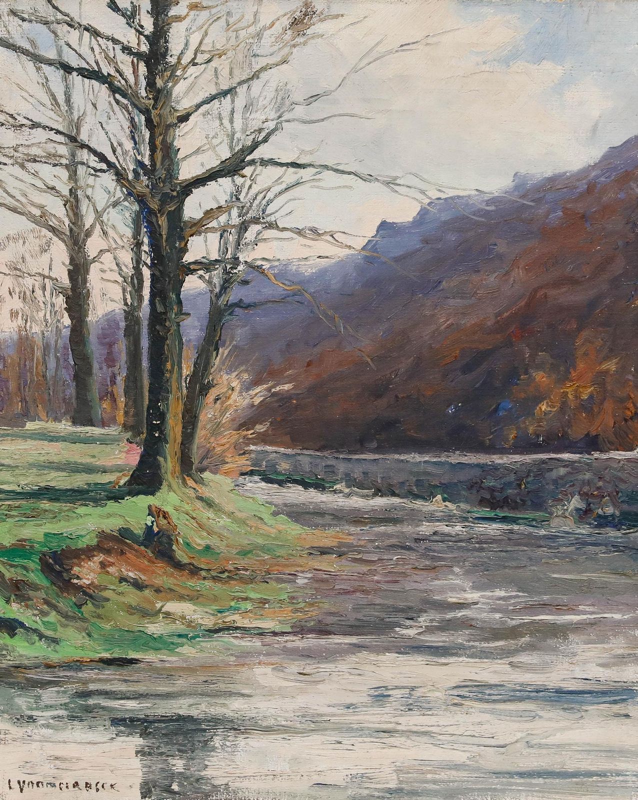 Mid 20th Century Oil   The Riverbank In Winter photo for sale