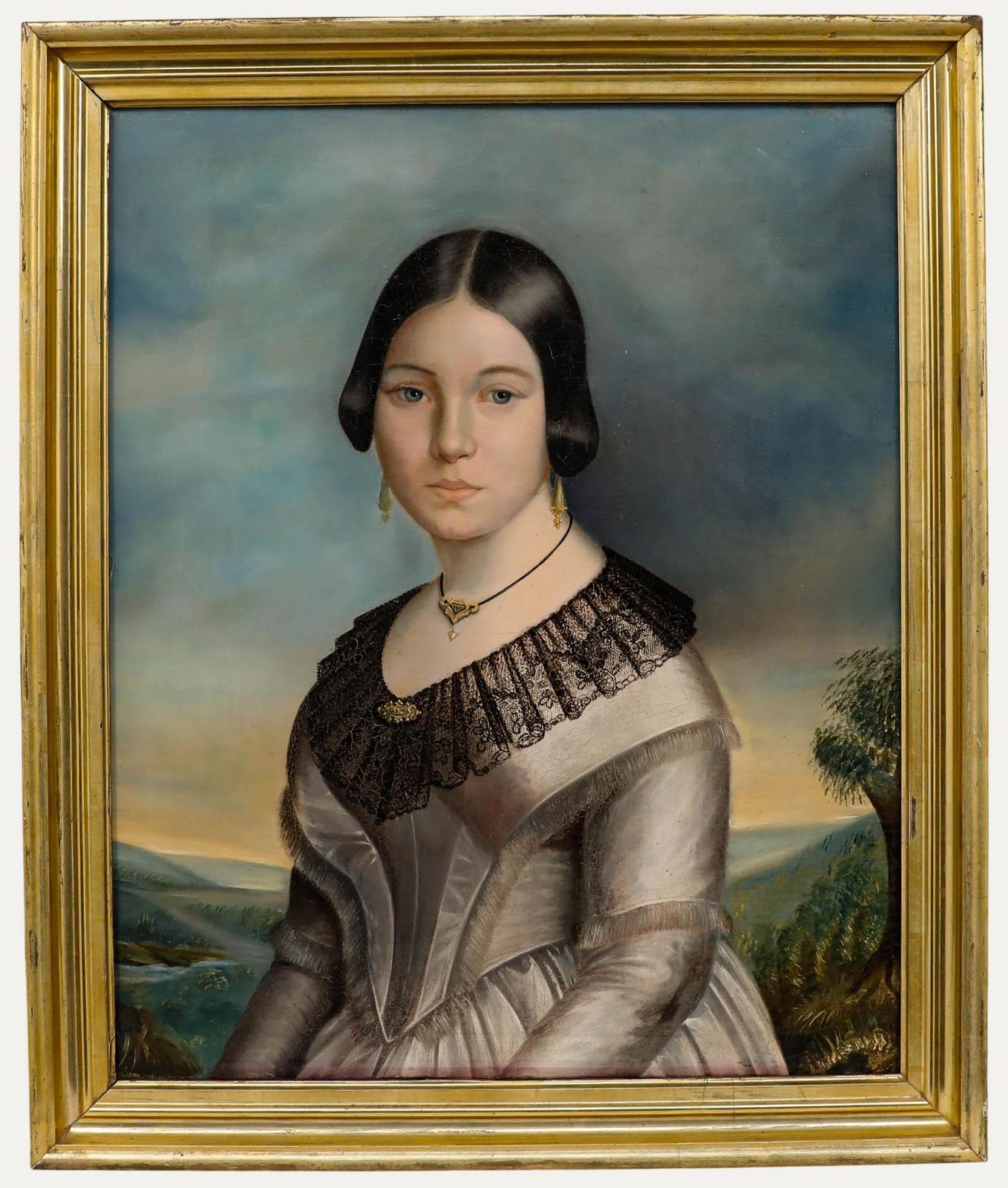 Biedermeier Early 19th Century Oil   Lady In Silver
