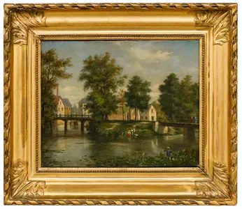 French School 19th Century Oil   On The Riverbanks photo furniture