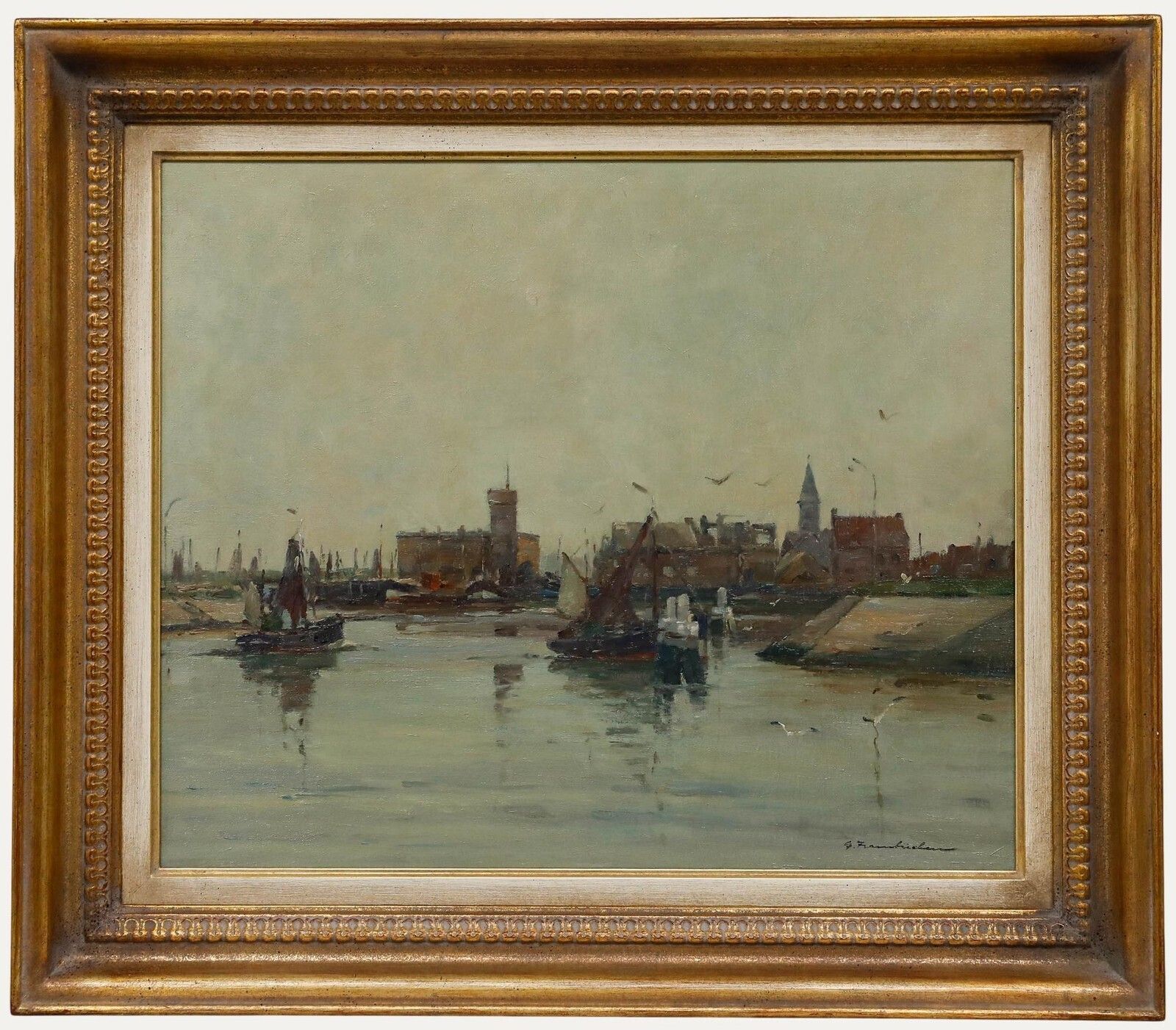 Georg Hambüchen (1901 1971)   Framed Mid 20th Century Oil, A Quiet Dutch Harbour