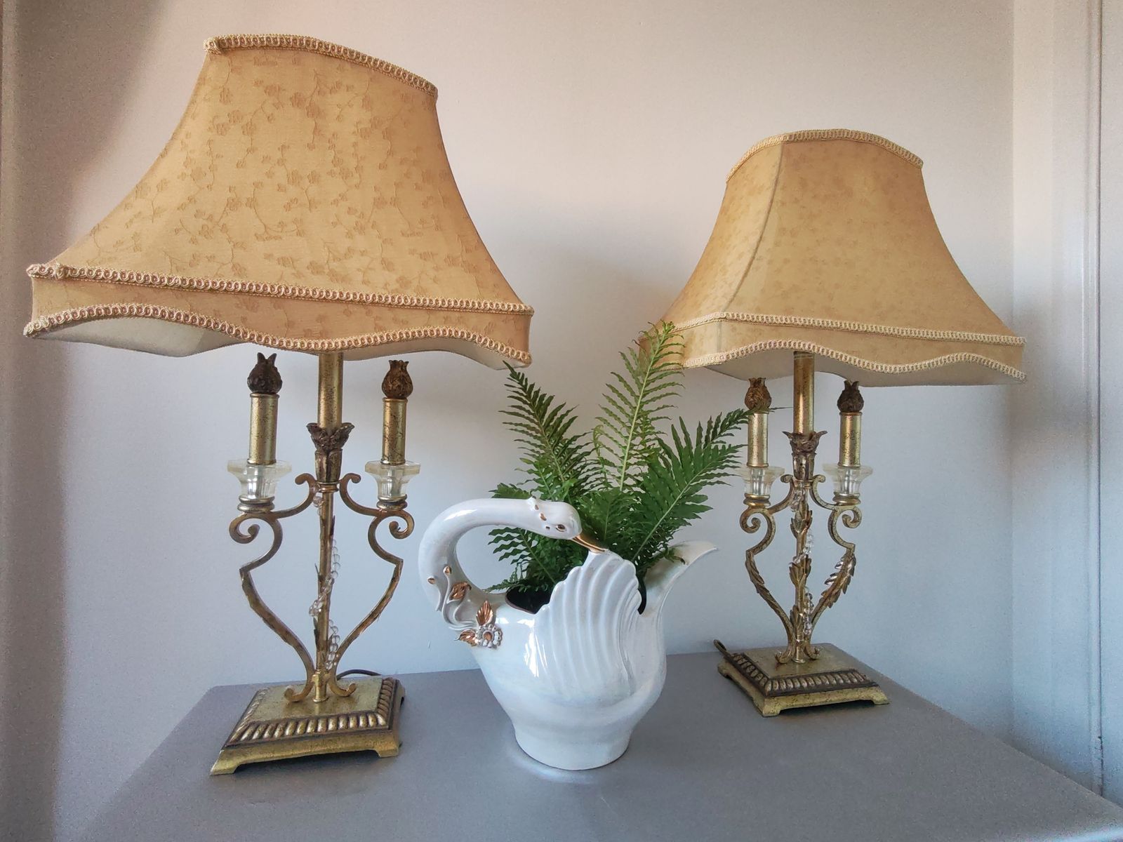 Pair Of Large 1990s Hollywood Regency Gilt Metal Table Lamps With Floral Silk Shades photo for sale