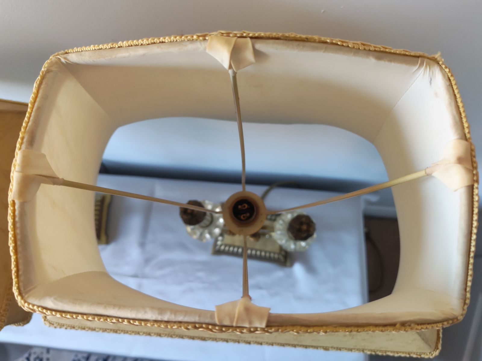 photo for sale Pair Of Large 1990s Hollywood Regency Gilt Metal Table Lamps With Floral Silk Shades