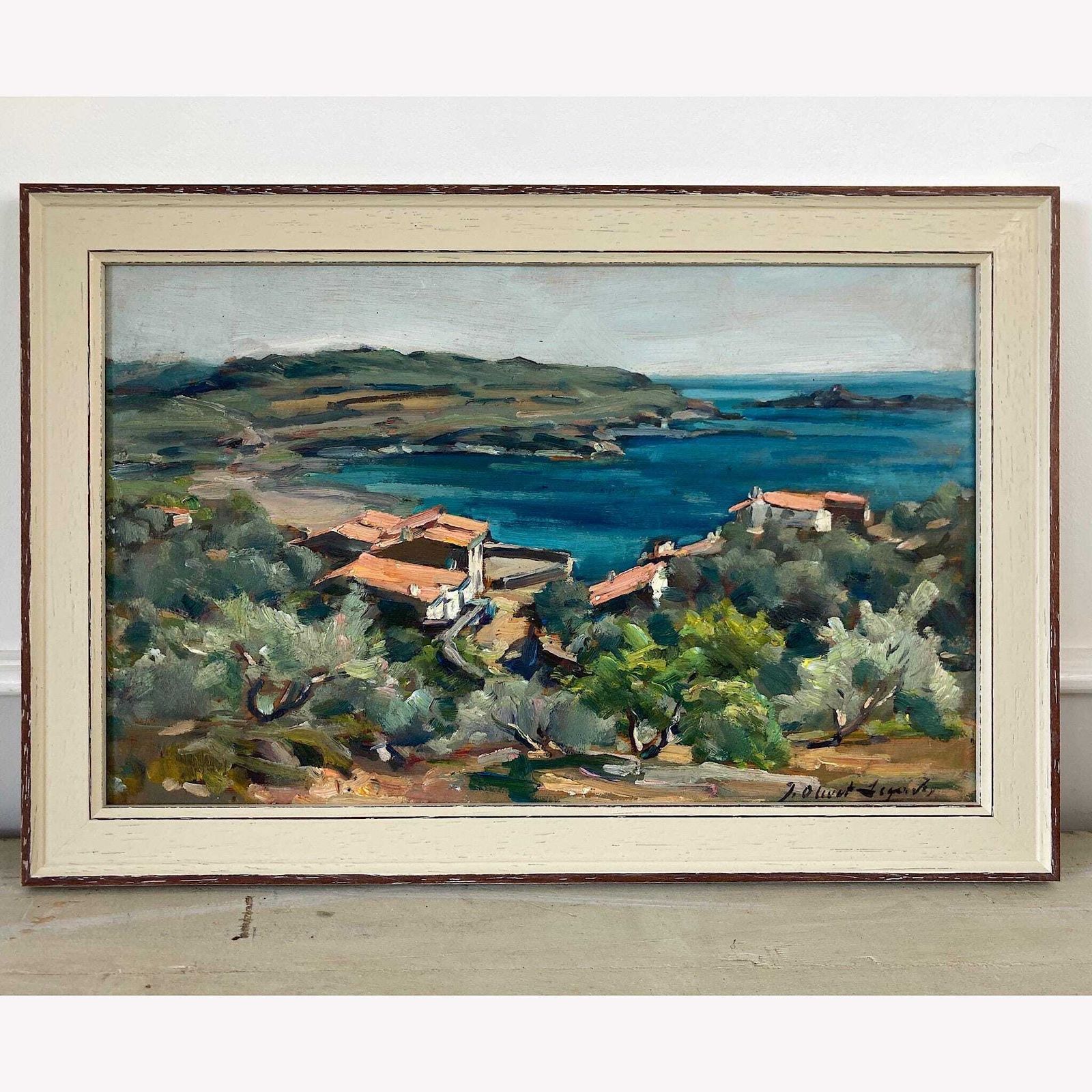 Mediterranean View   Small Original Vintage Spanish Oil Painting Of A Bay photo furniture