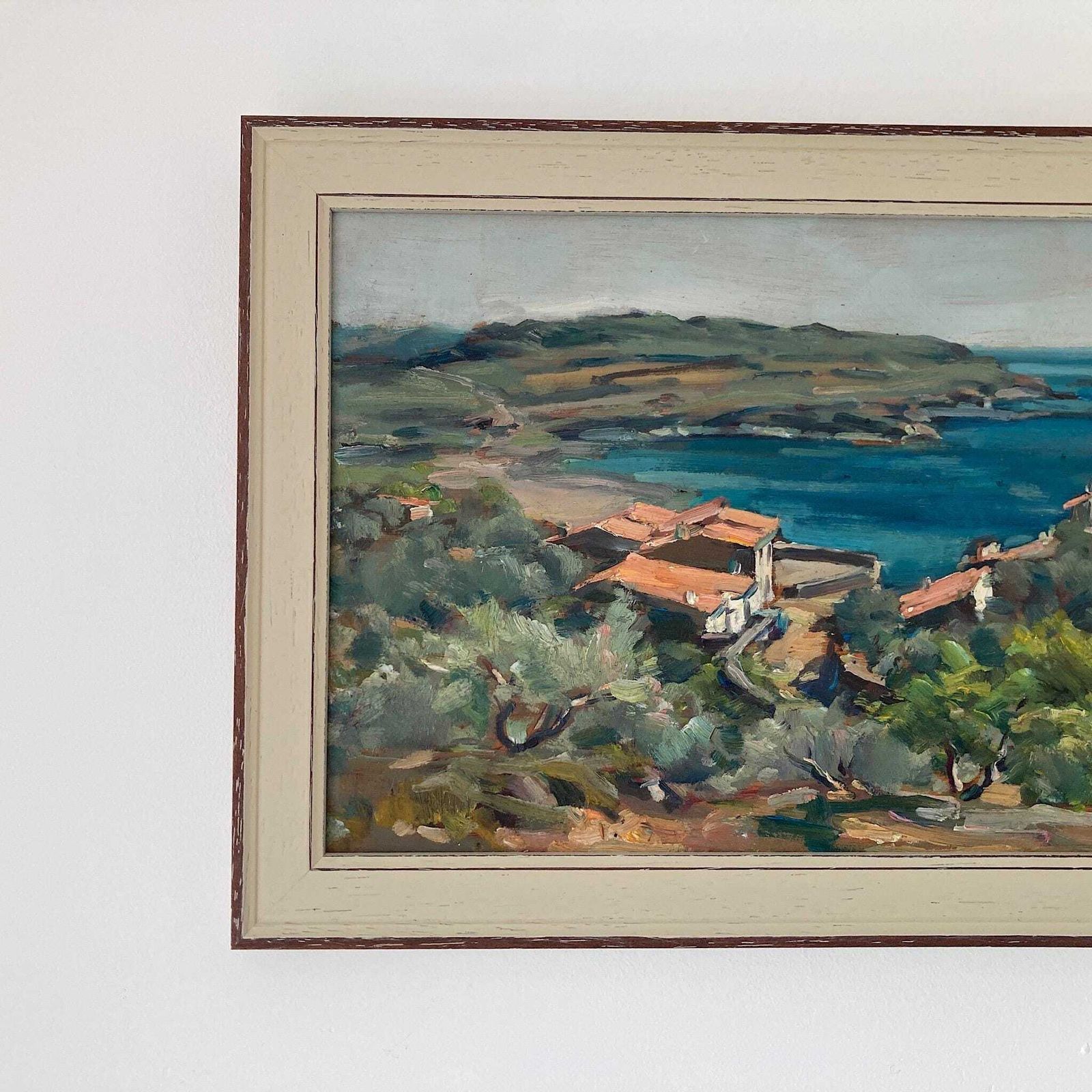 Mediterranean View   Small Original Vintage Spanish Oil Painting Of A Bay photo 465.0