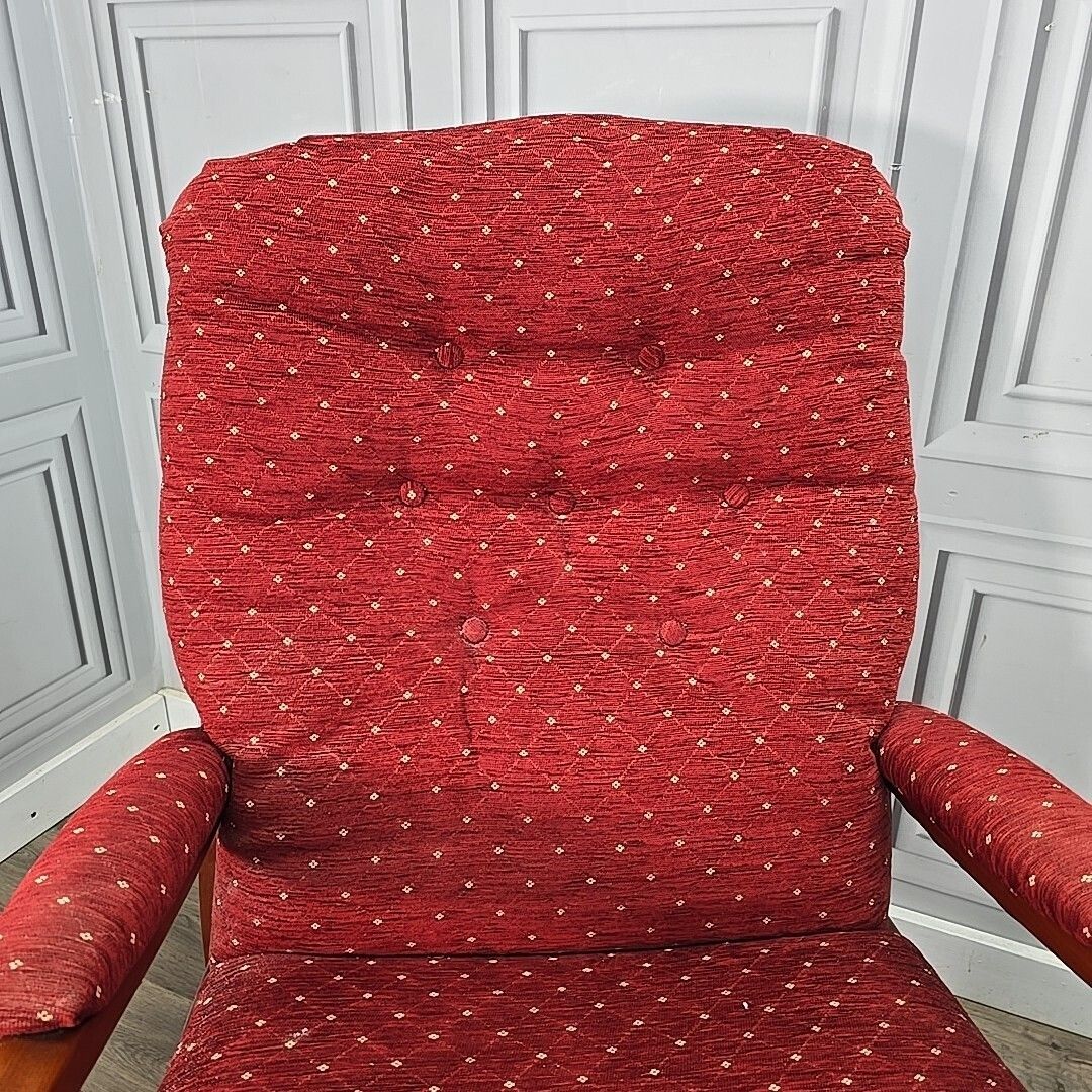 Pair Mid Century Armchairs Wooden Red Upholstery High Back Vintage Retro Chair photo for sale