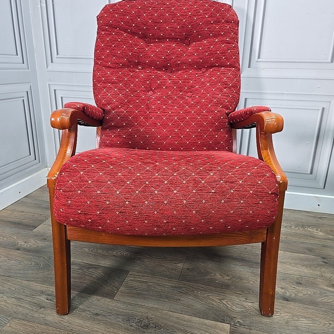 Pair Mid Century Armchairs Wooden Red Upholstery High Back Vintage Retro Chair photo vintage