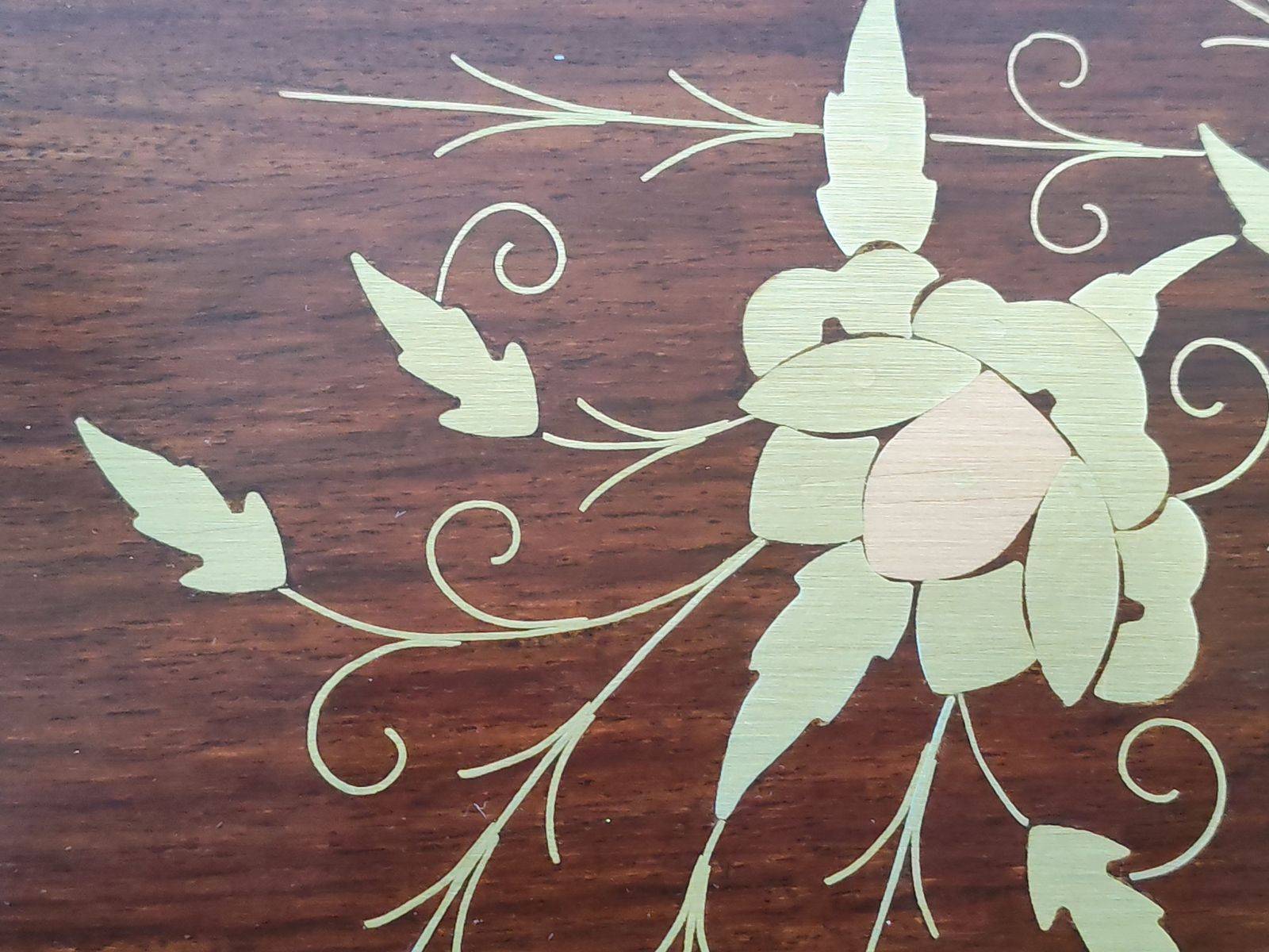 Rare Set Of 4 Nesting Tables In Solid Rosewood With Brass Floral Marquetry & Campaign Details photo for sale