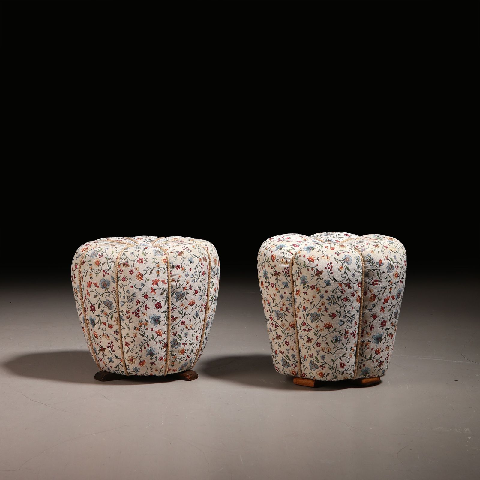 Jindřich Halabala Pair Of Art Deco Stools In Floral Fabric, 1930s photo furniture