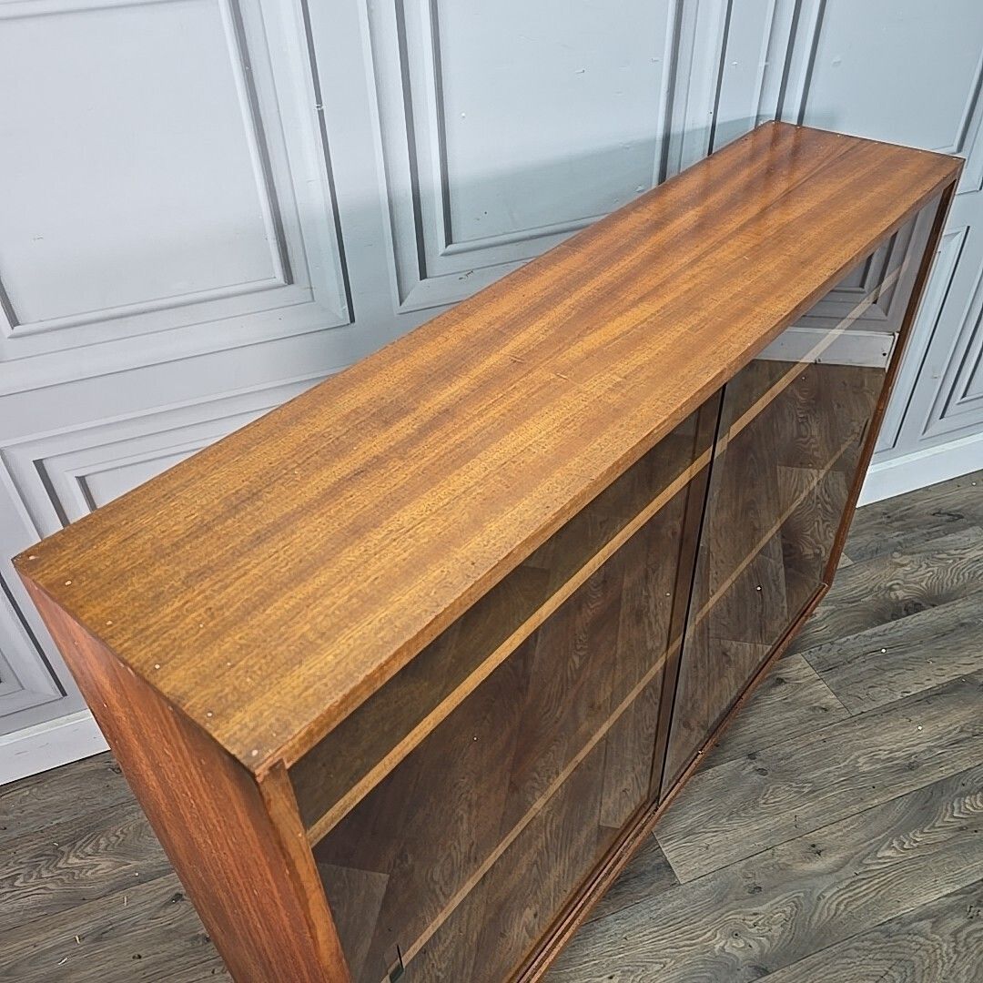 Mid Century Glass Bookcase Retro Vintage Teak Display Shelves Cabinet Wood Mcm photo vinterior