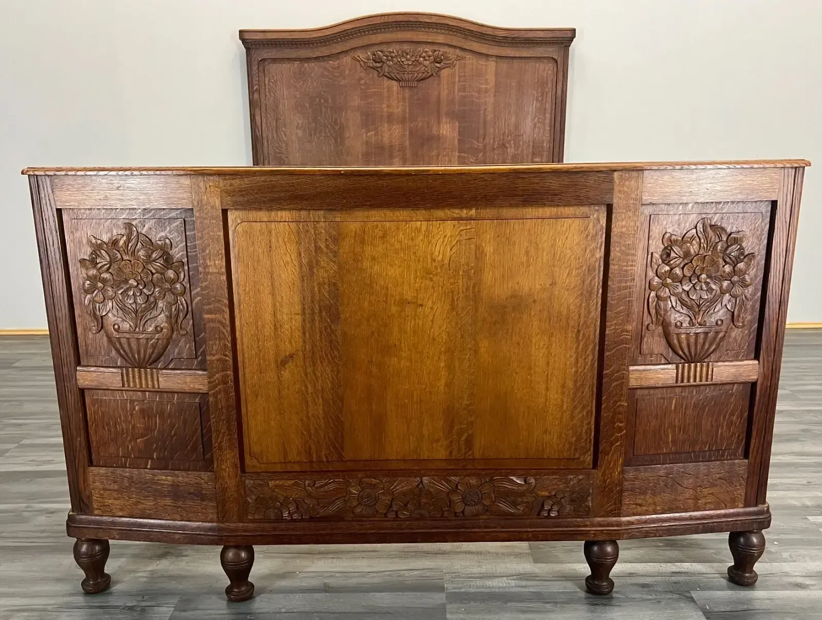 Bed Antique French Style Oak Double Bed Frame Carved Headboard Lot 2762 photo for sale