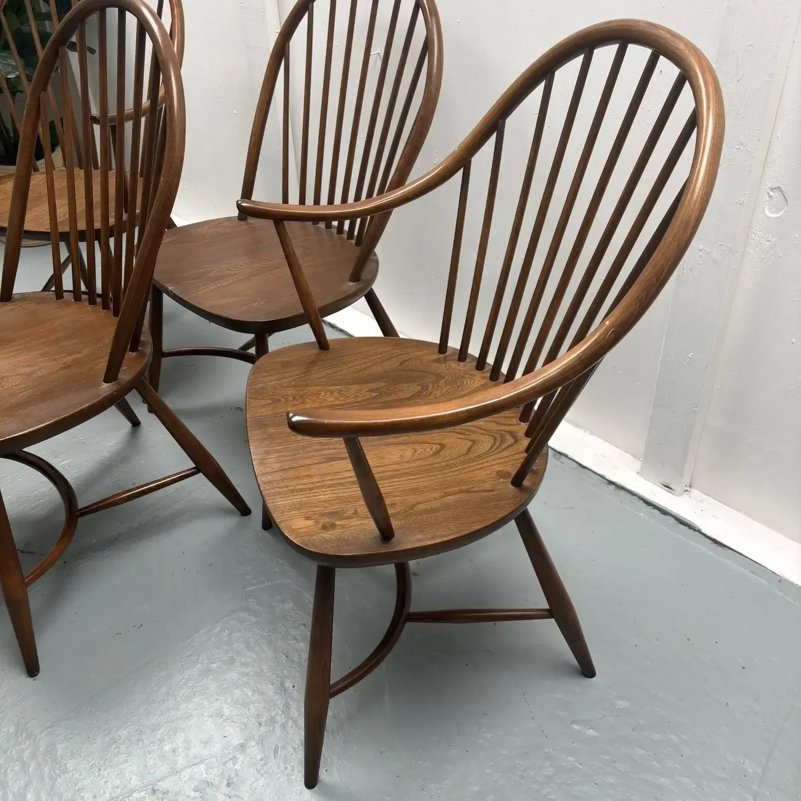 4 Ercol Dining Chairs Cryoline Stretcher Model 909 2 Rare Carvers Golden Dawn photo vintage