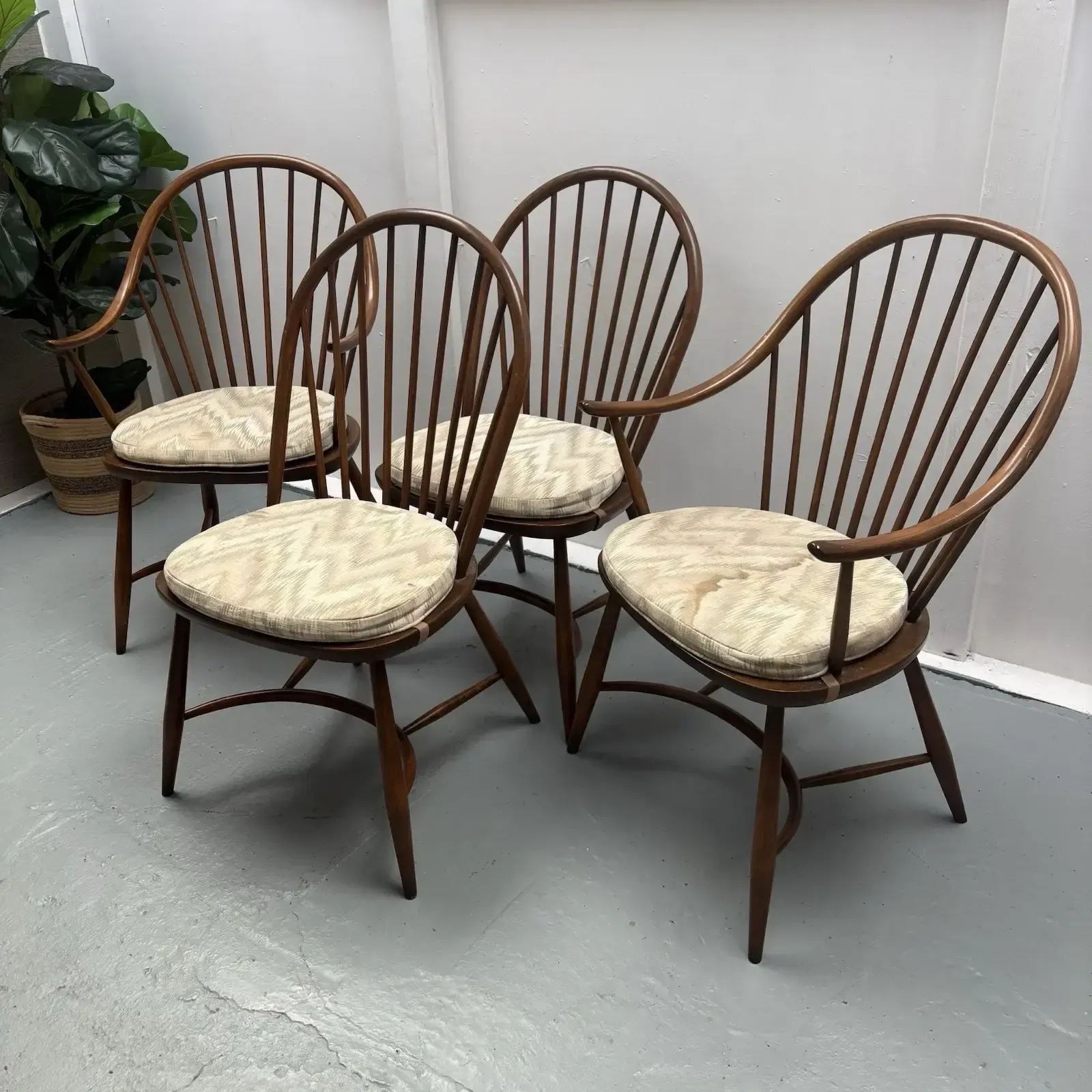 photo buy 4 Ercol Dining Chairs Cryoline Stretcher Model 909 2 Rare Carvers Golden Dawn