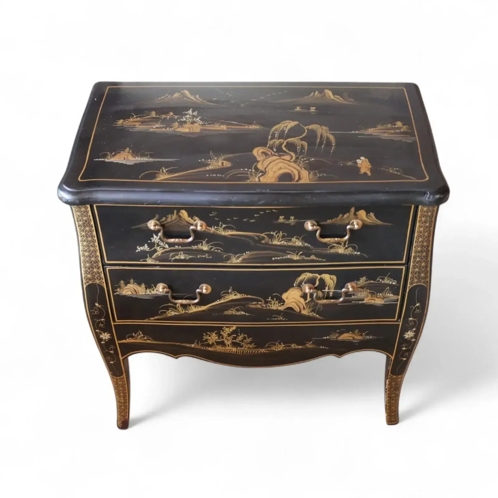 Vintage Chinoiserie Black Lacquer Chest Of Drawers Gold Japanned Bomb Chest photo furniture
