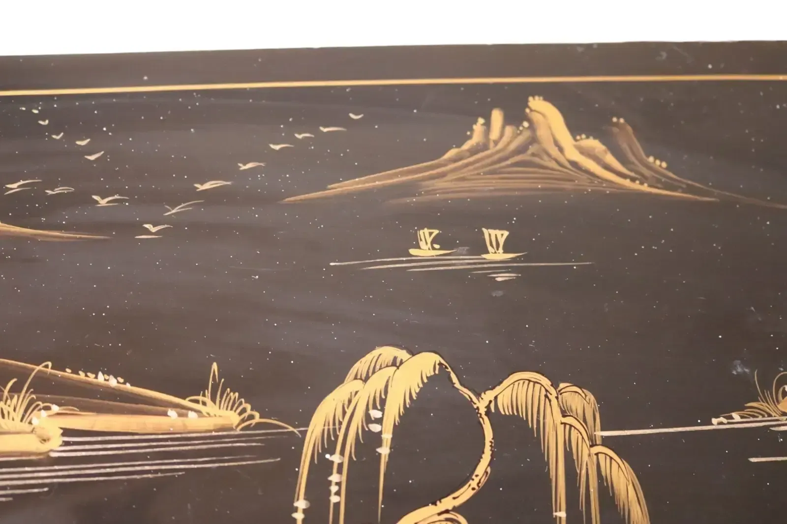 Vintage Chinoiserie Black Lacquer Chest Of Drawers Gold Japanned Bomb Chest photo vinterior