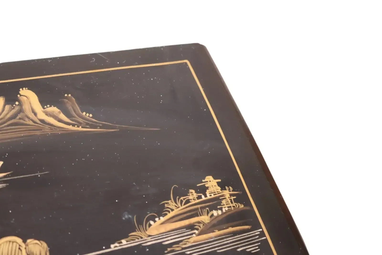 Vintage Chinoiserie Black Lacquer Chest Of Drawers Gold Japanned Bomb Chest photo vintage