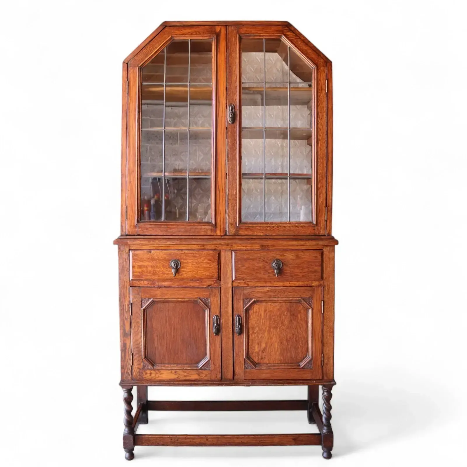 Antique Oak Leaded Glass Bookcase Jacobean Revival Arts & Crafts Style Cabinet photo furniture