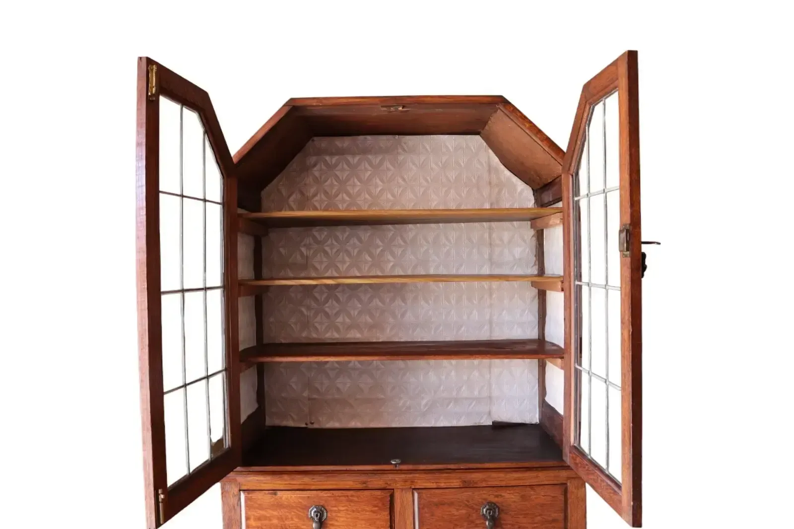 Antique Oak Leaded Glass Bookcase Jacobean Revival Arts & Crafts Style Cabinet photo Furniture