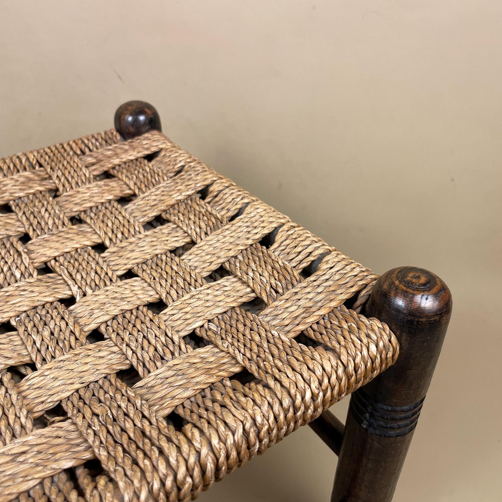 Antique Wooden Foot Stool Woven String Wood Cottage Furniture Square Brown Hallway Seat 24.5x28x28cm Footstool Bench photo for sale