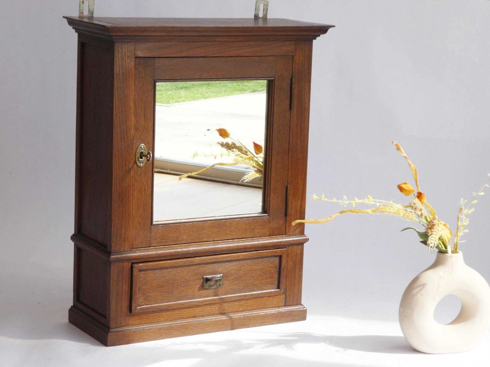 Antique Art Deco Wooden Cabinet With Mirror, Apothecary With Drawer And Shelf, Farmhouse Decor