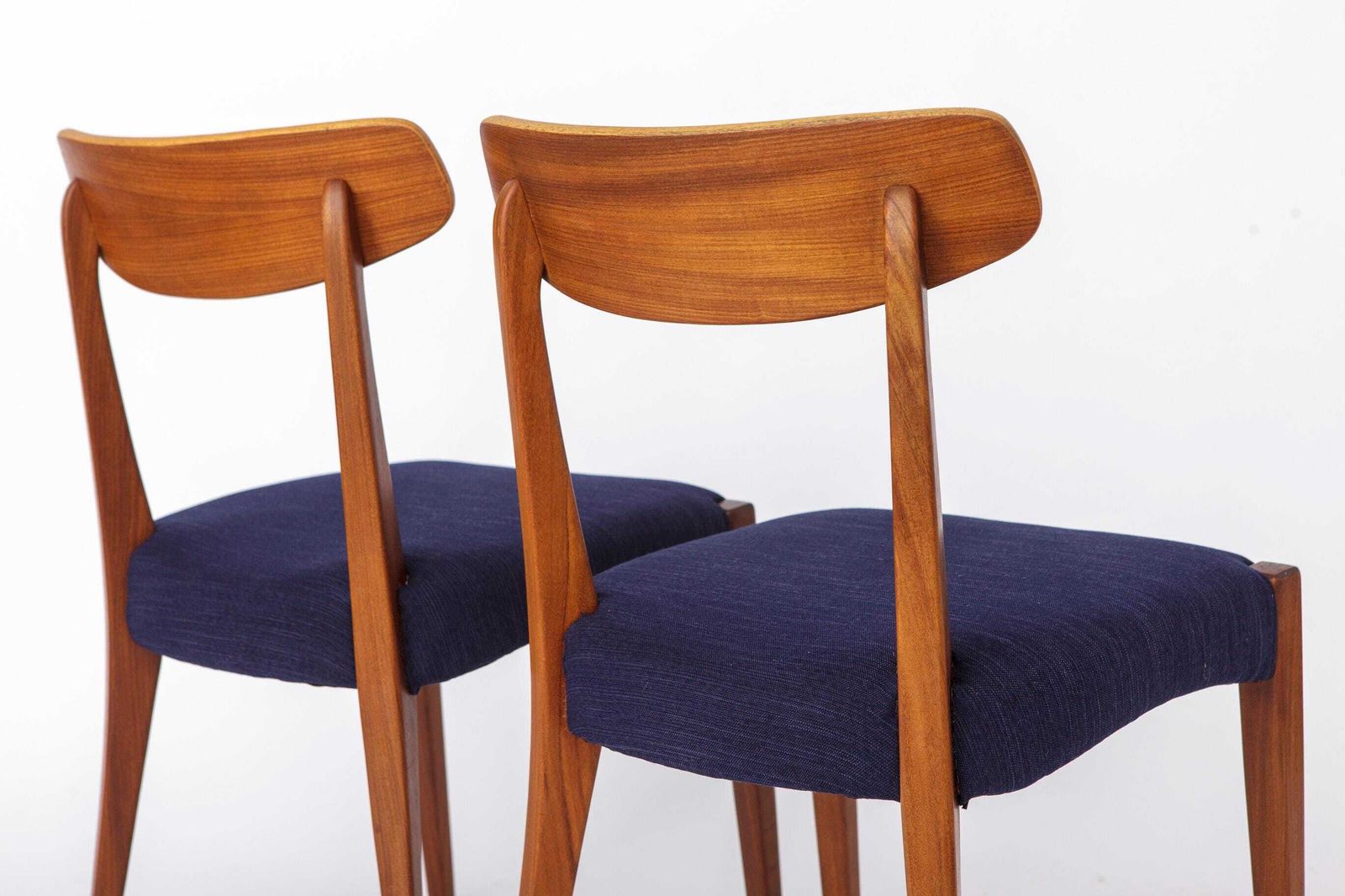 photo for sale Set Of 3 Danish Teak Chairs 1960s, Vintage Mid Century Dining Chairs, Dark Blue Upholstered Seats