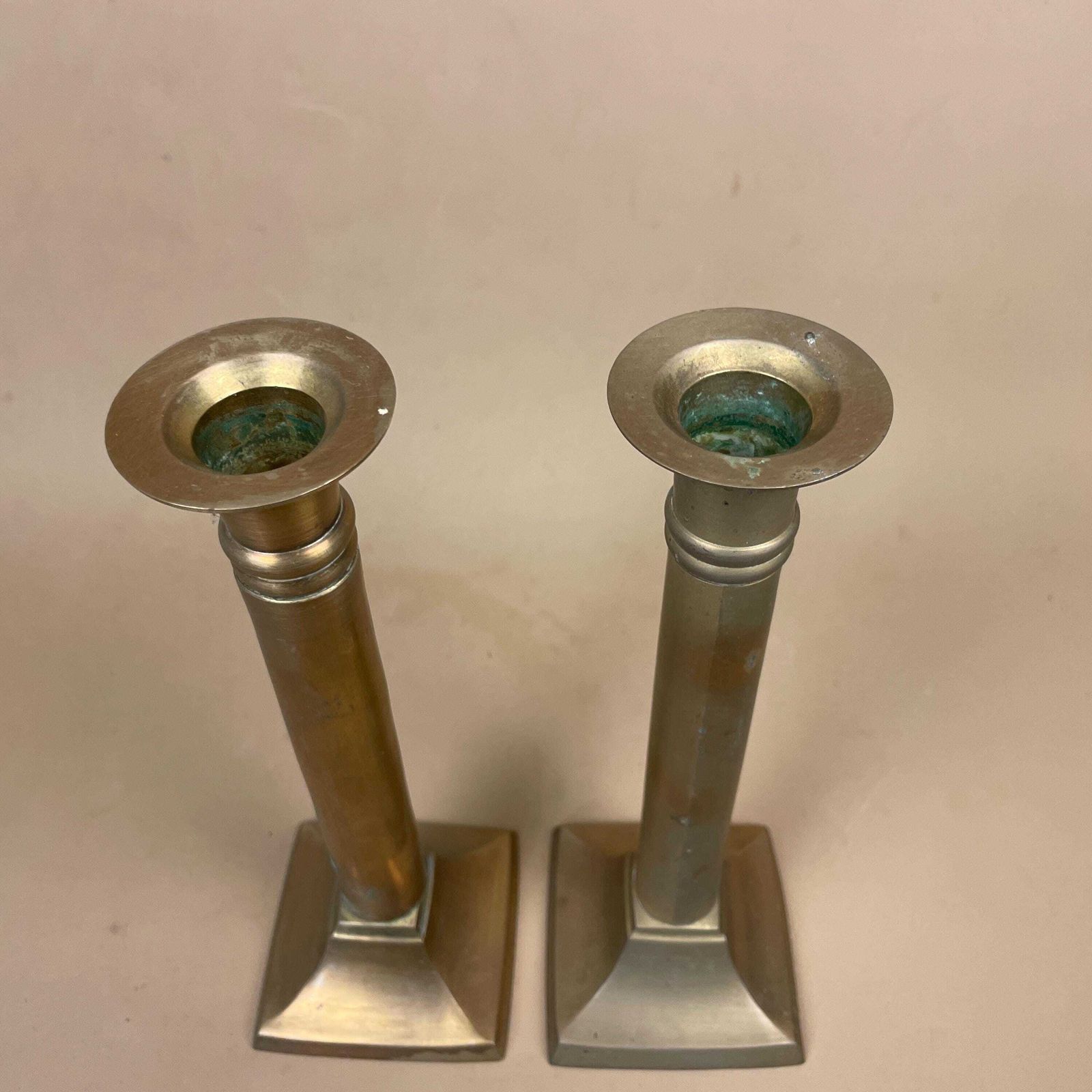 Antique Matching Pair Of Gold Brass Metal Candlestick Candle Stick Holder Vintage Column Taper Dinner Candlesticks Square Base Pillar photo for sale
