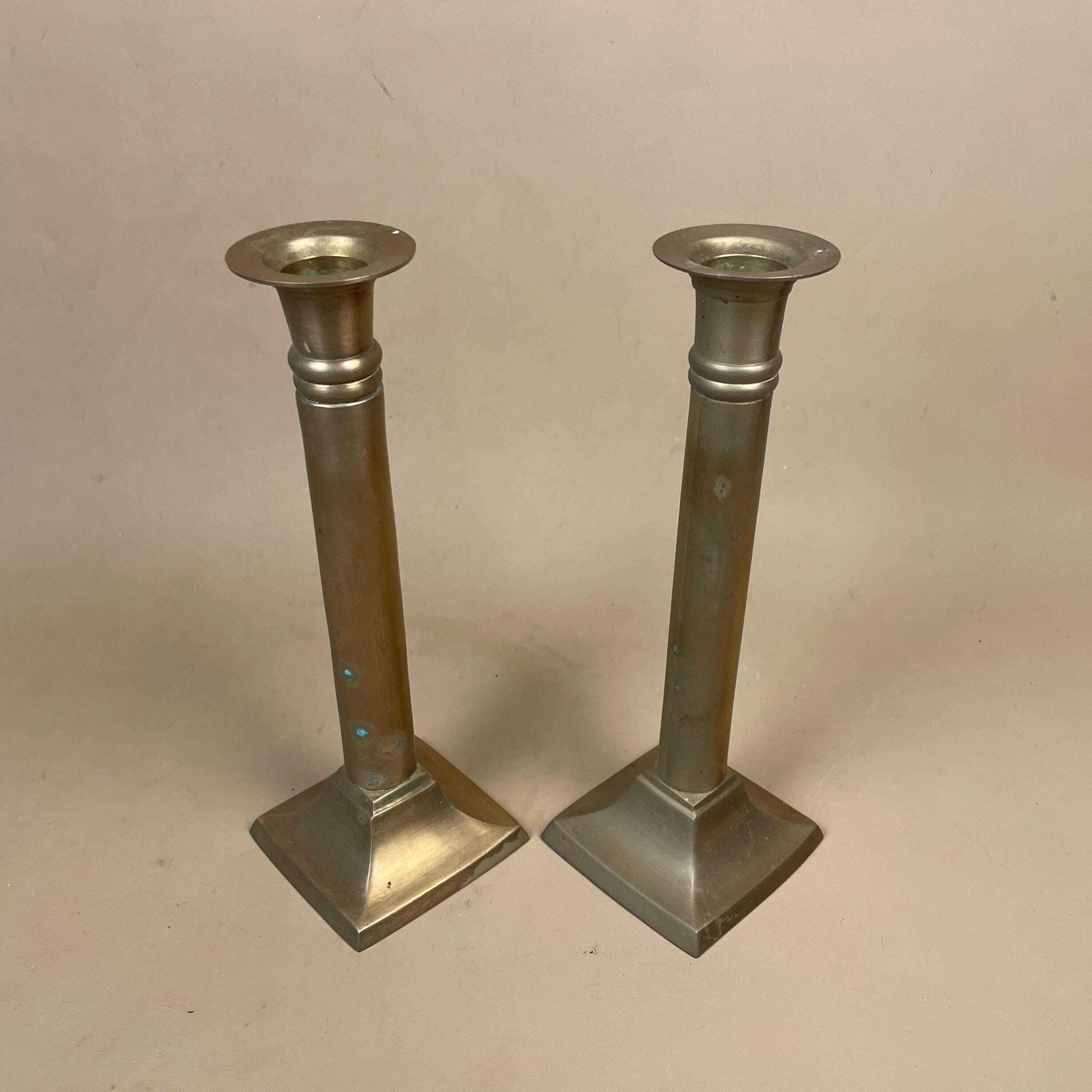 Antique Matching Pair Of Gold Brass Metal Candlestick Candle Stick Holder Vintage Column Taper Dinner Candlesticks Square Base Pillar photo vinterior
