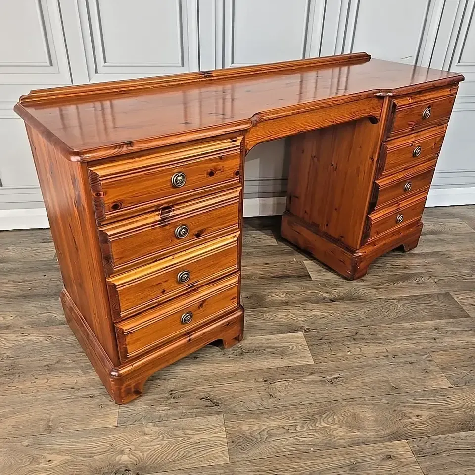 Vintage Ducal Dressing Table Pine Twin Pedestal Desk Solid Wood 9 Drawer Writing photo furniture