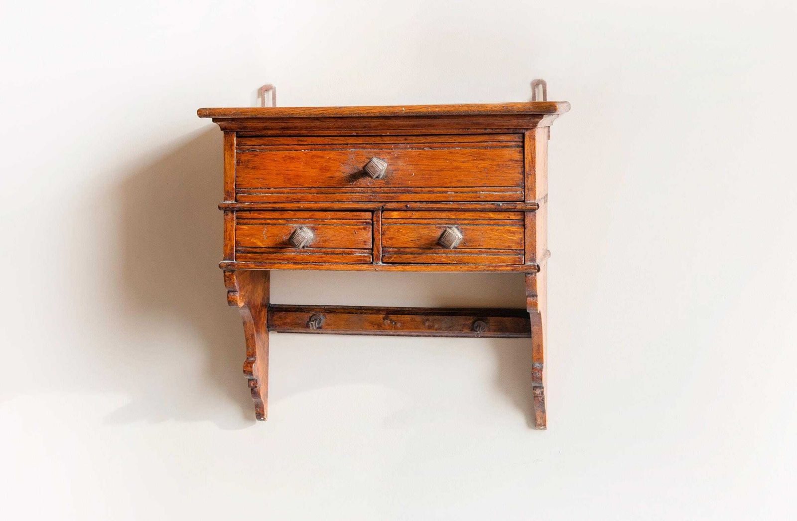 Antique Oak Wall Cabinet   Folk Art Farmhouse   Hanging Cabinet With Drawers photo for sale