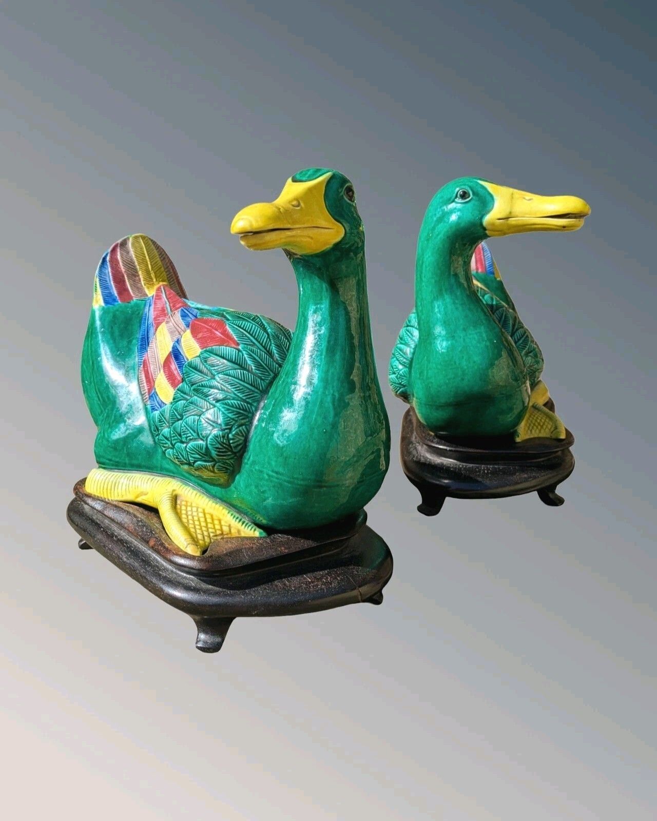 Good Large Pair Chinese Porcelain Ducks Ming Style Sancai Glaze photo vintage