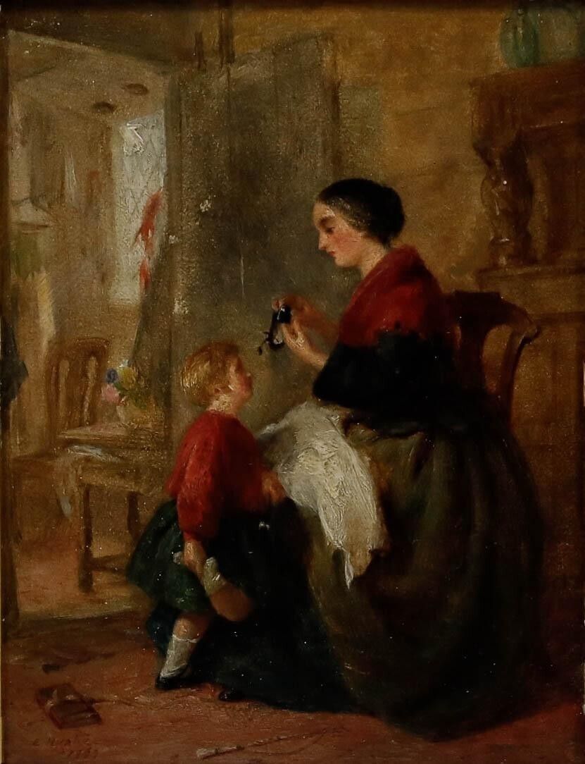 Edwin Hughes (1842 1922)   1863 Oil, A Stitch In Time photo furniture