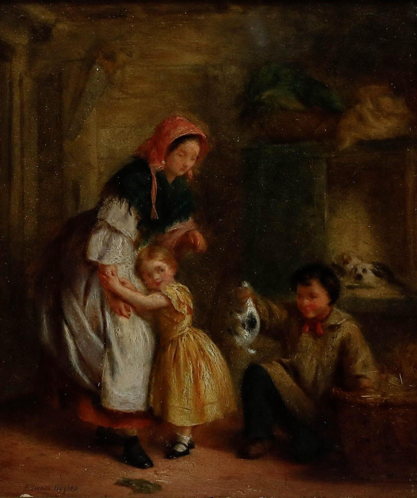 Edwin Hughes (1842 1922)   Miniature Mid 19th Century Oil, Pet Rabbits photo furniture
