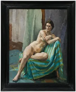 Pauline Plummer (B.1933)   20th Century Oil, Nude On A Striped Blanket photo furniture