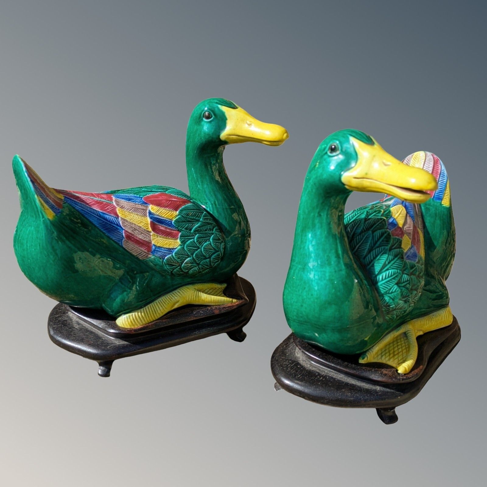 Good Large Pair Chinese Porcelain Ducks Ming Style Sancai Glaze photo vinterior
