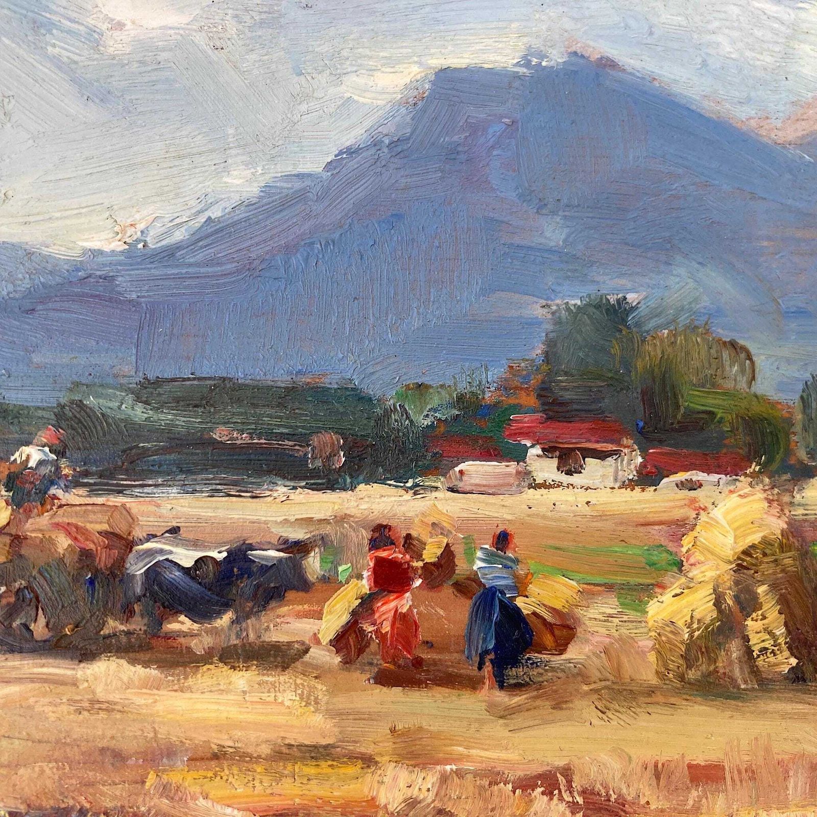 Harvest Time   Small Original Vintage Spanish Oil Painting Of A Golden Landscape photo vintage