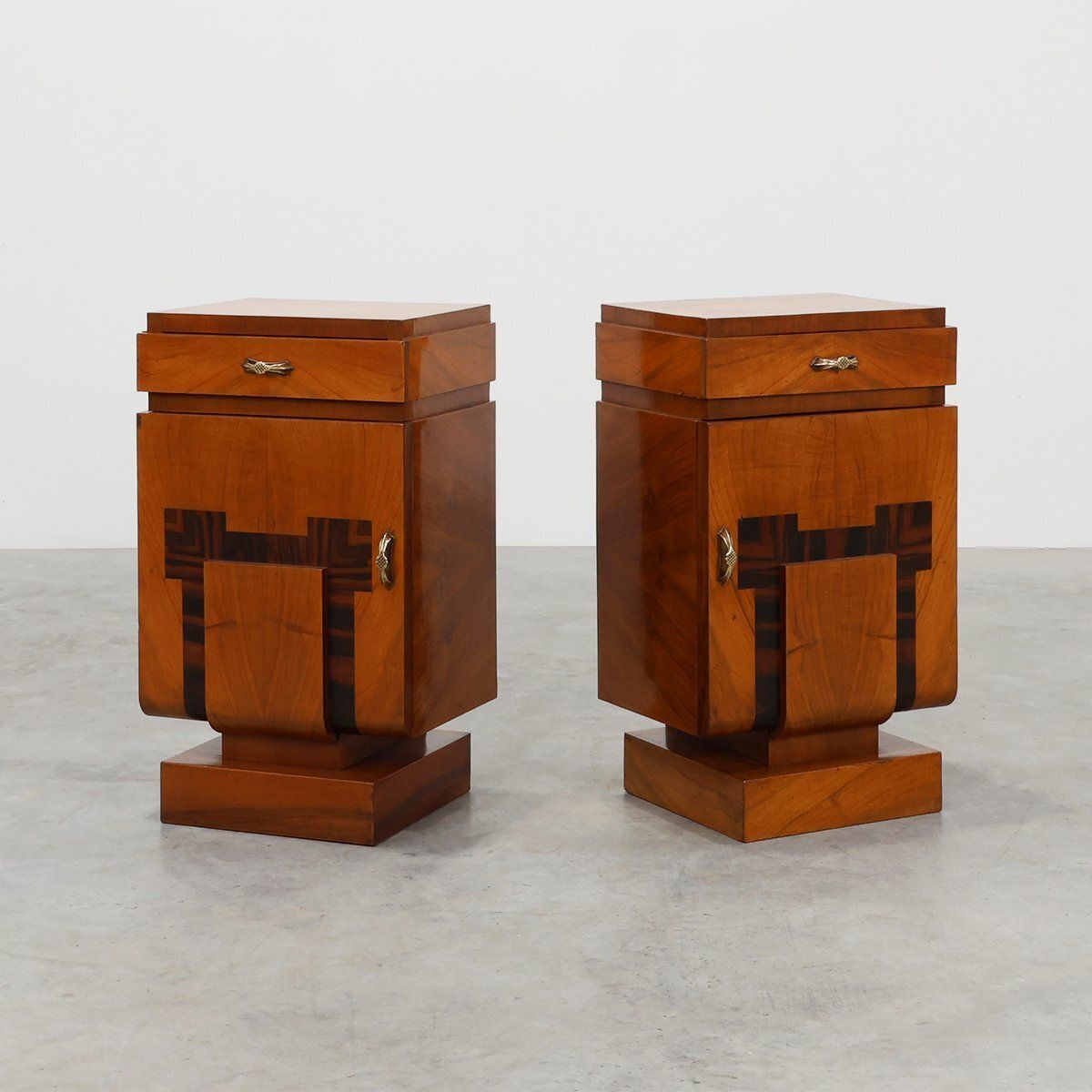 Art Deco Geometric Wooden Nightstands, Italy, 1920s, Set Of 2
