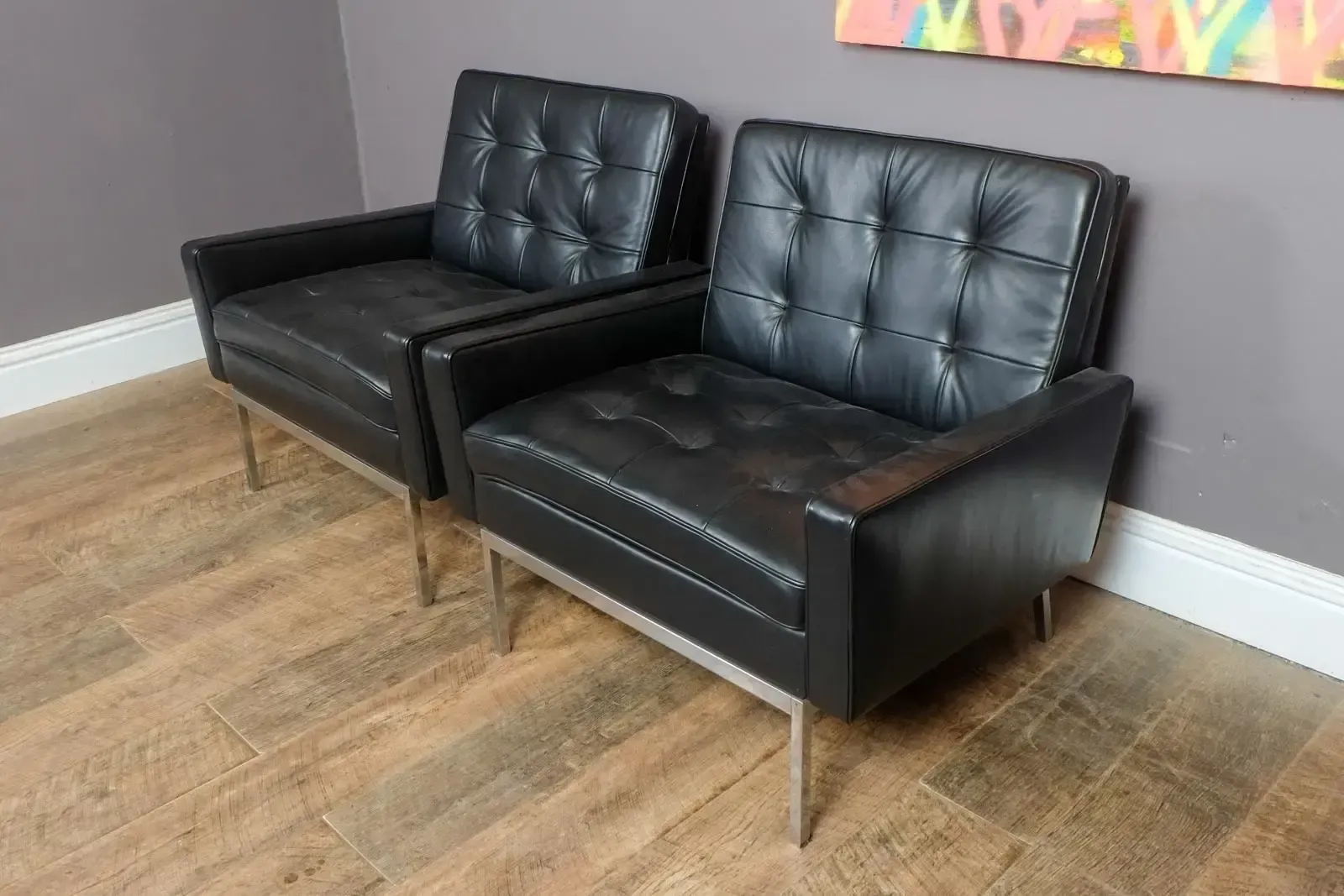 Pair Of Florence Knoll Black Leather Lounge Chairs Model 65a photo for sale