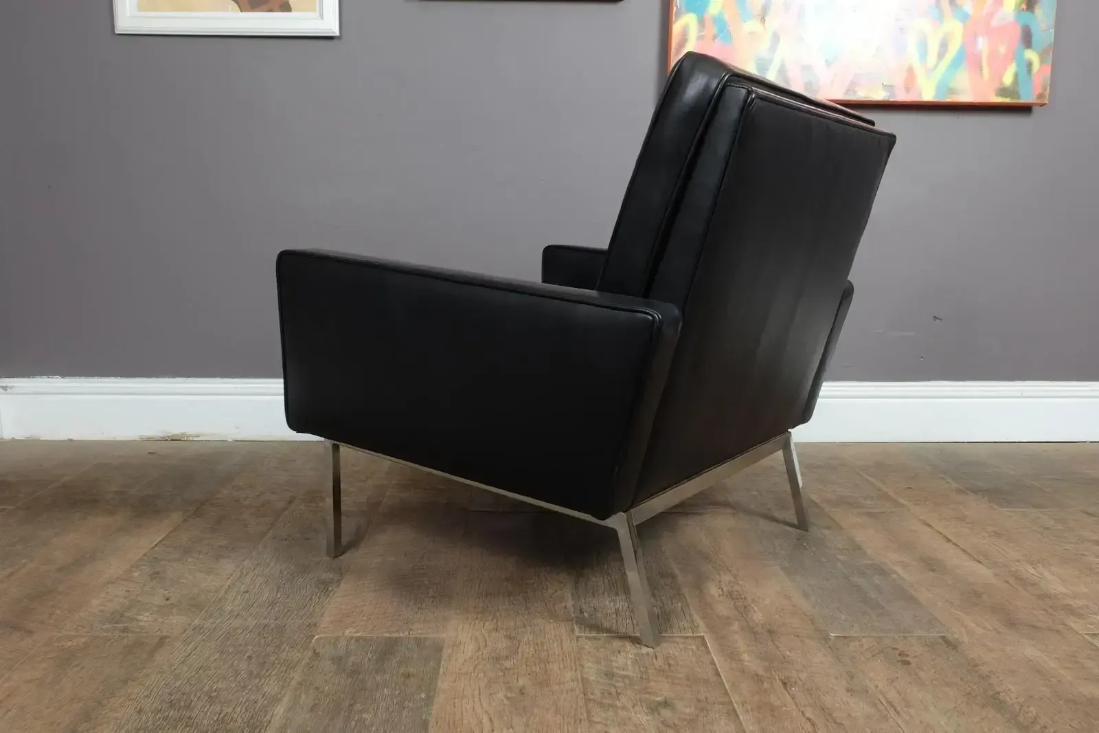 photo for sale Pair Of Florence Knoll Black Leather Lounge Chairs Model 65a