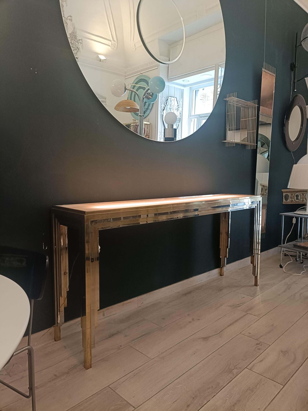 Romeo Rega Brass And Chrome Console Table With Underilluminated Glass Top, 1970s photo for sale