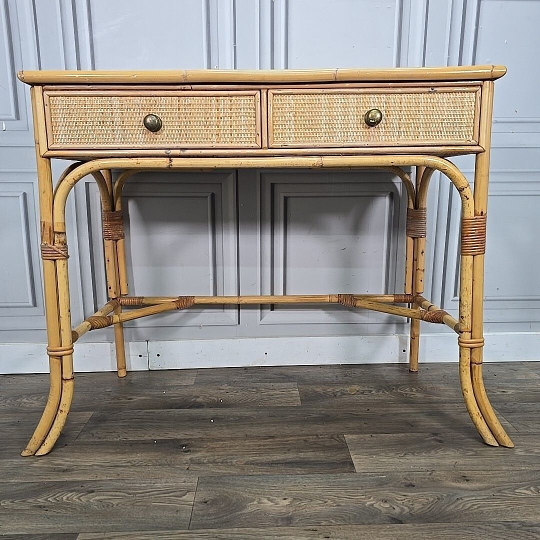 photo for sale Vintage Bamboo Dressing Table Rattan Framed Wicker Panelled Writing Desk Retro