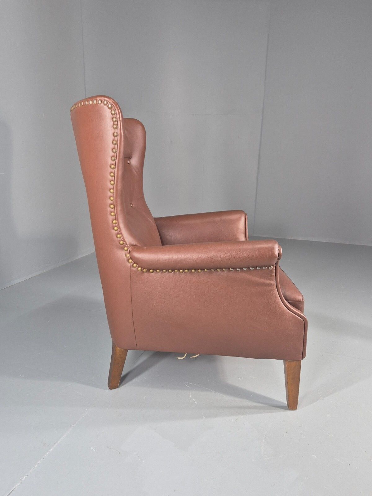 photo for sale Vintage Mid Century Wing Back Lounge Chair Danish Brown Vinyl Mnor