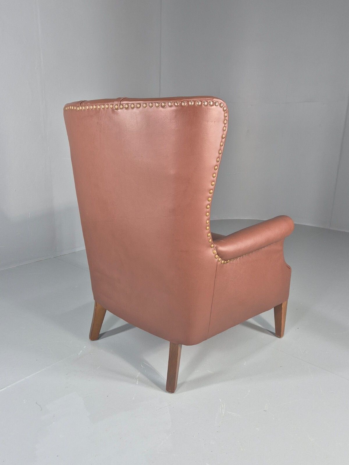 Furniture Vintage Mid Century Wing Back Lounge Chair Danish Brown Vinyl Mnor photo