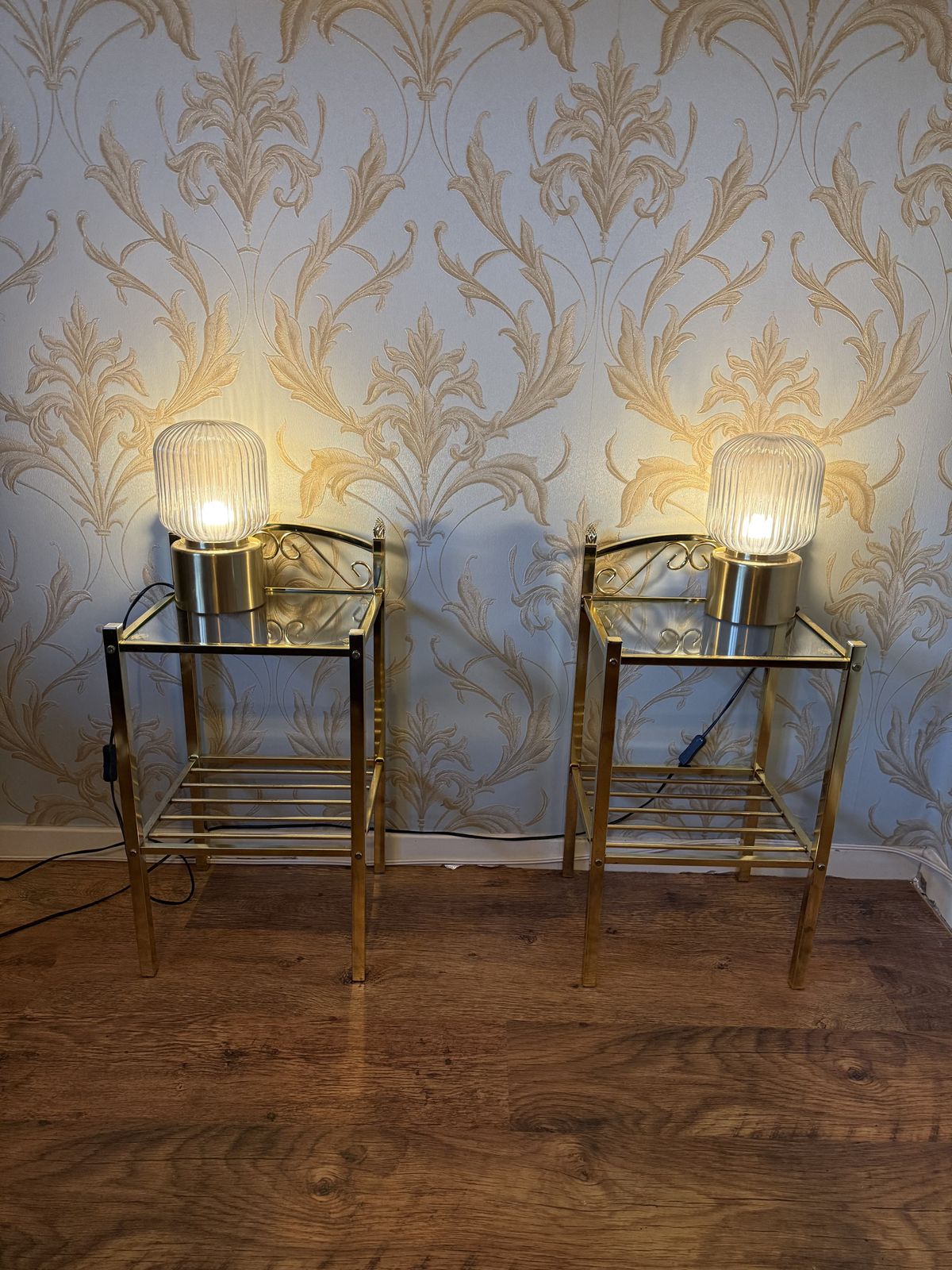 Pair Of Vintage Seetall Regency Gold Coloured Chrome & Glass Nightstands