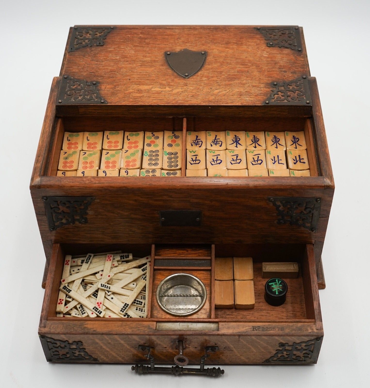 Antique Asian Oriental Mahjong Set Of 148 Tiles In Edwardian Oak Box photo Home Decor