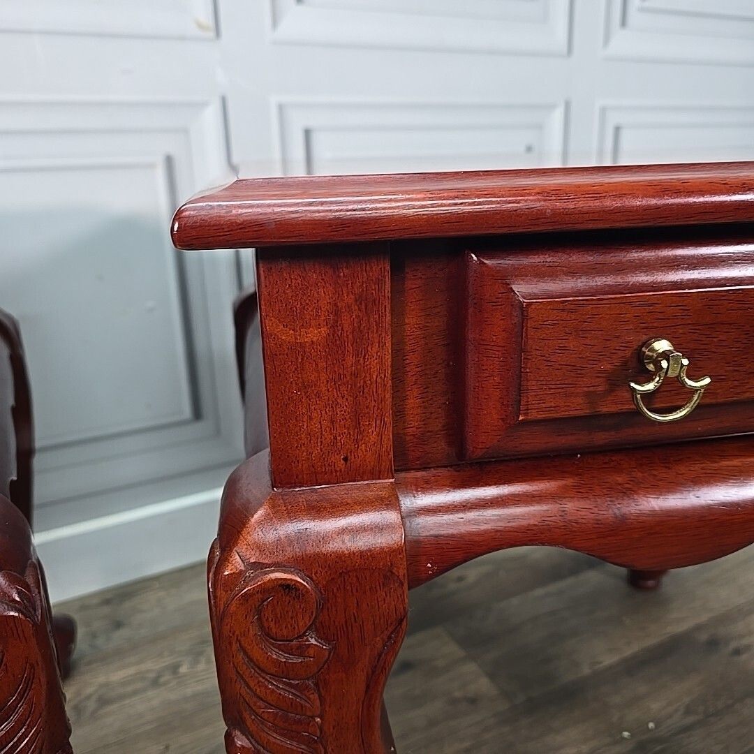photo for sale Antique Pair 2 Solid Wood Bedside End Lamp Tables Drawers Queen Anne   Mahogany