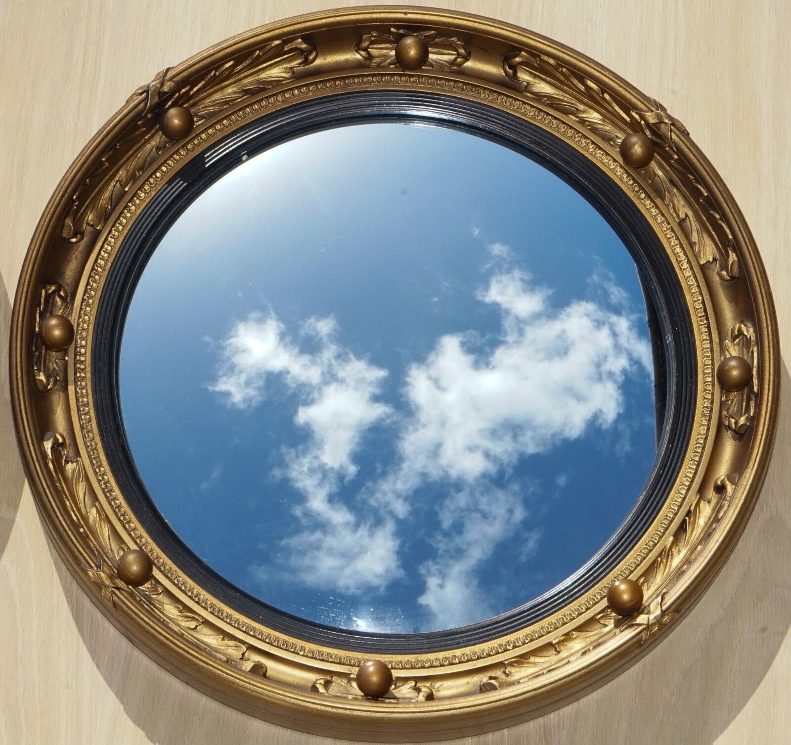 Antique Pair Of 1930's Atsonea Butlers Convex Gold Gilt Wood Wall Mirror photo for sale