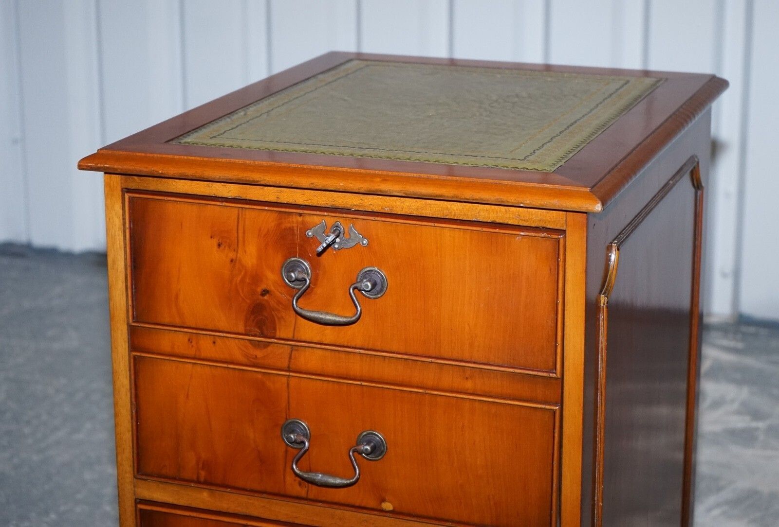 Vintage Yew Wood Filling Cabinet With Green Leather Top And Two Drawers (2) photo Furniture